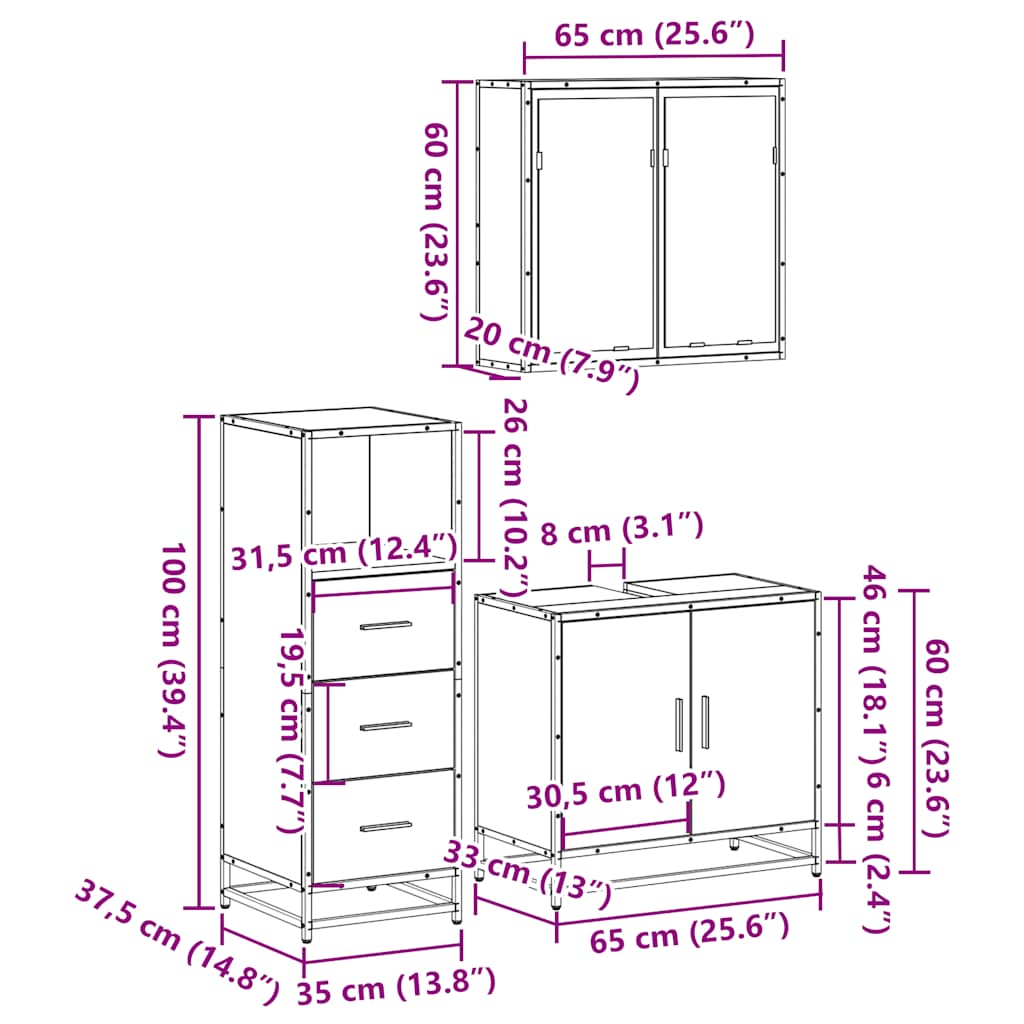 3 pcs Conjunto móveis casa de banho madeira proc. cinza sonoma