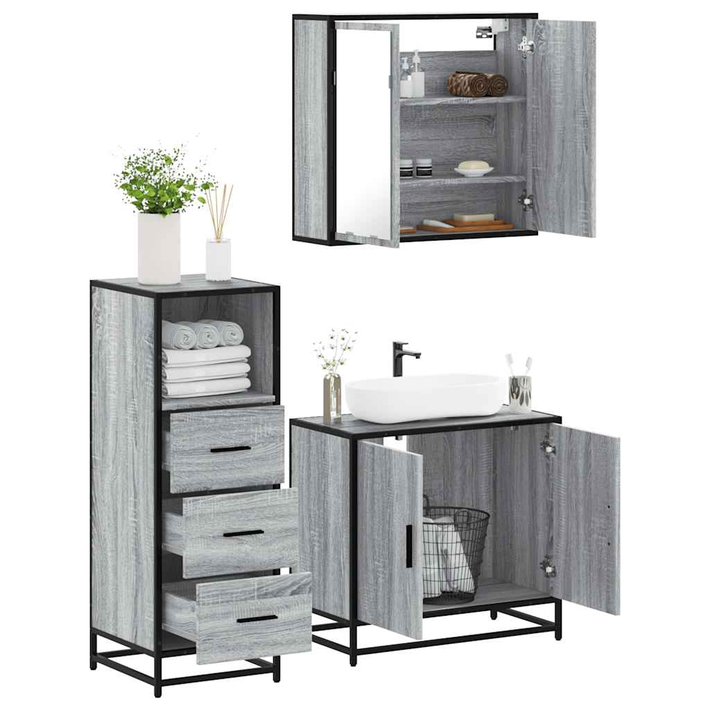 3 pcs Conjunto móveis casa de banho madeira proc. cinza sonoma