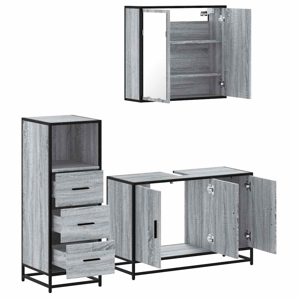 3 pcs Conjunto móveis casa de banho madeira proc. cinza sonoma