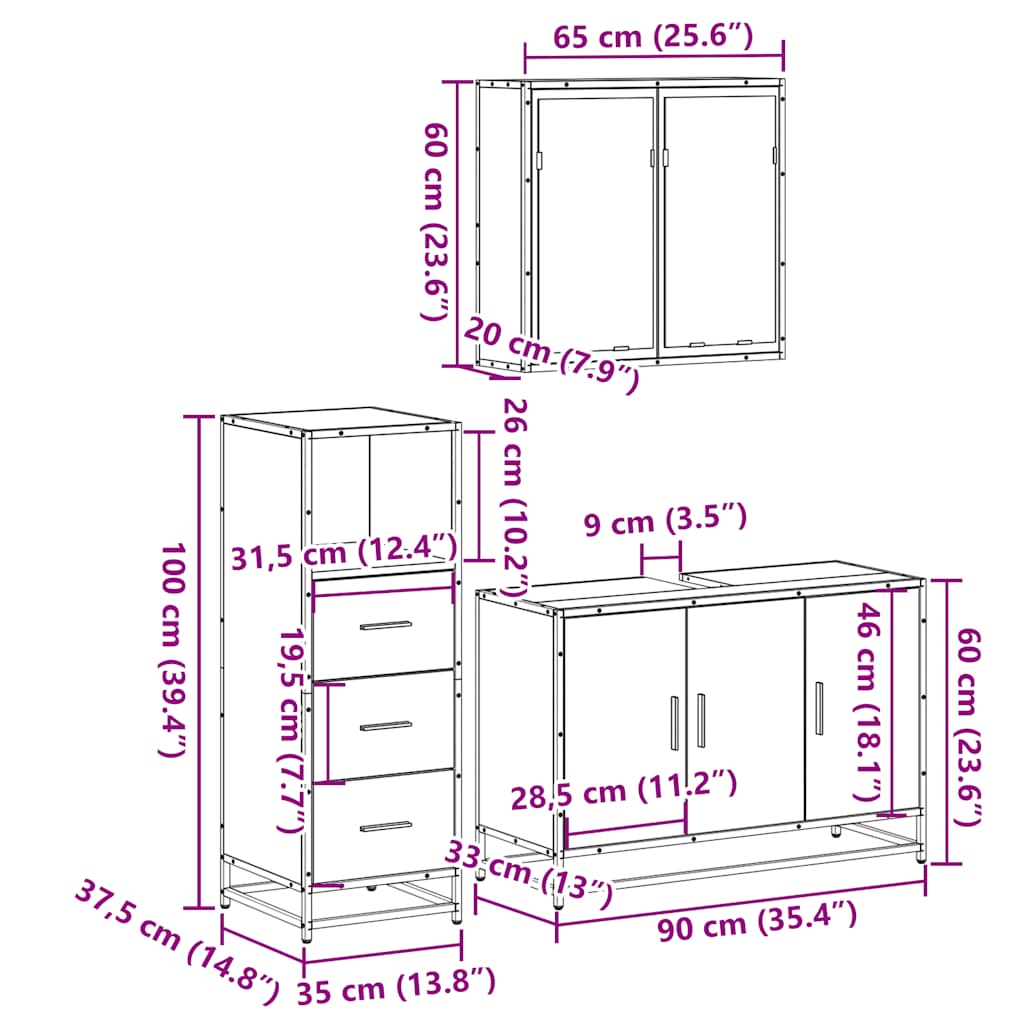 3 pcs Conjunto móveis casa de banho madeira proc. cinza sonoma