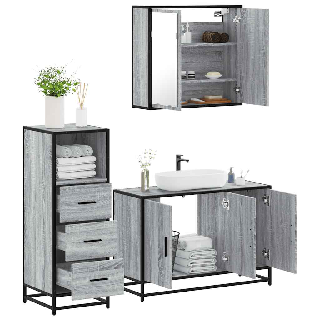3 pcs Conjunto móveis casa de banho madeira proc. cinza sonoma