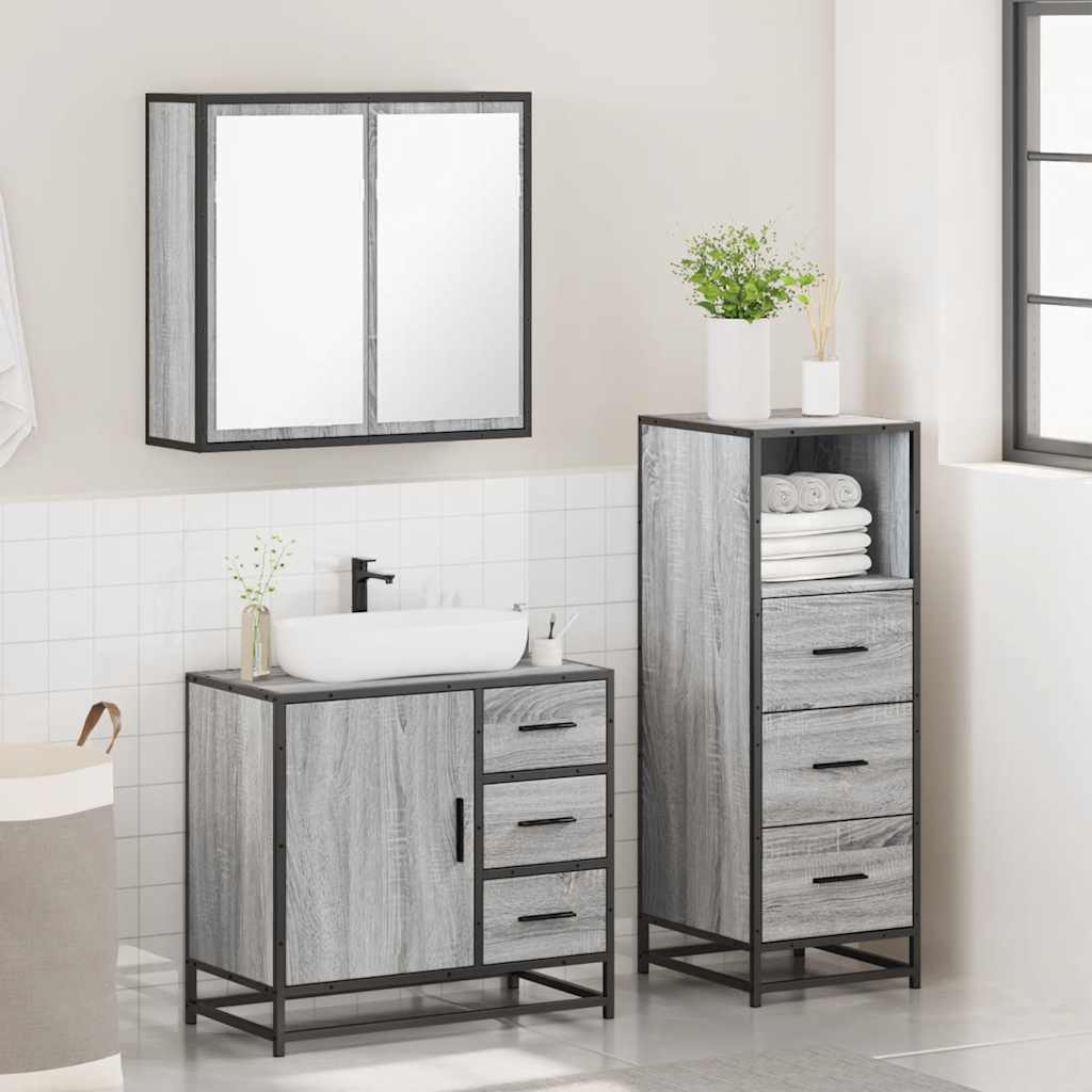 3 pcs Conjunto móveis casa de banho madeira proc. cinza sonoma