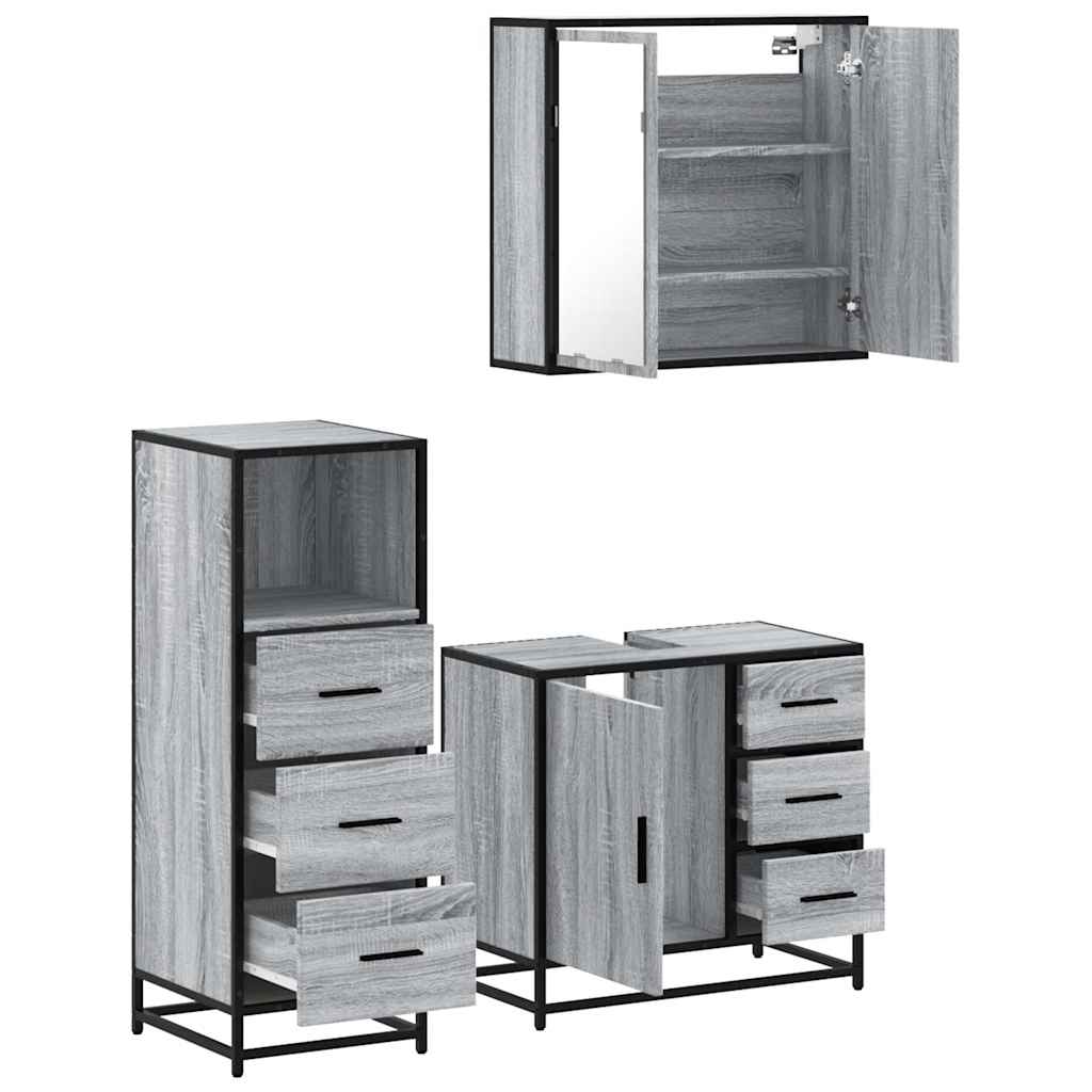 3 pcs Conjunto móveis casa de banho madeira proc. cinza sonoma