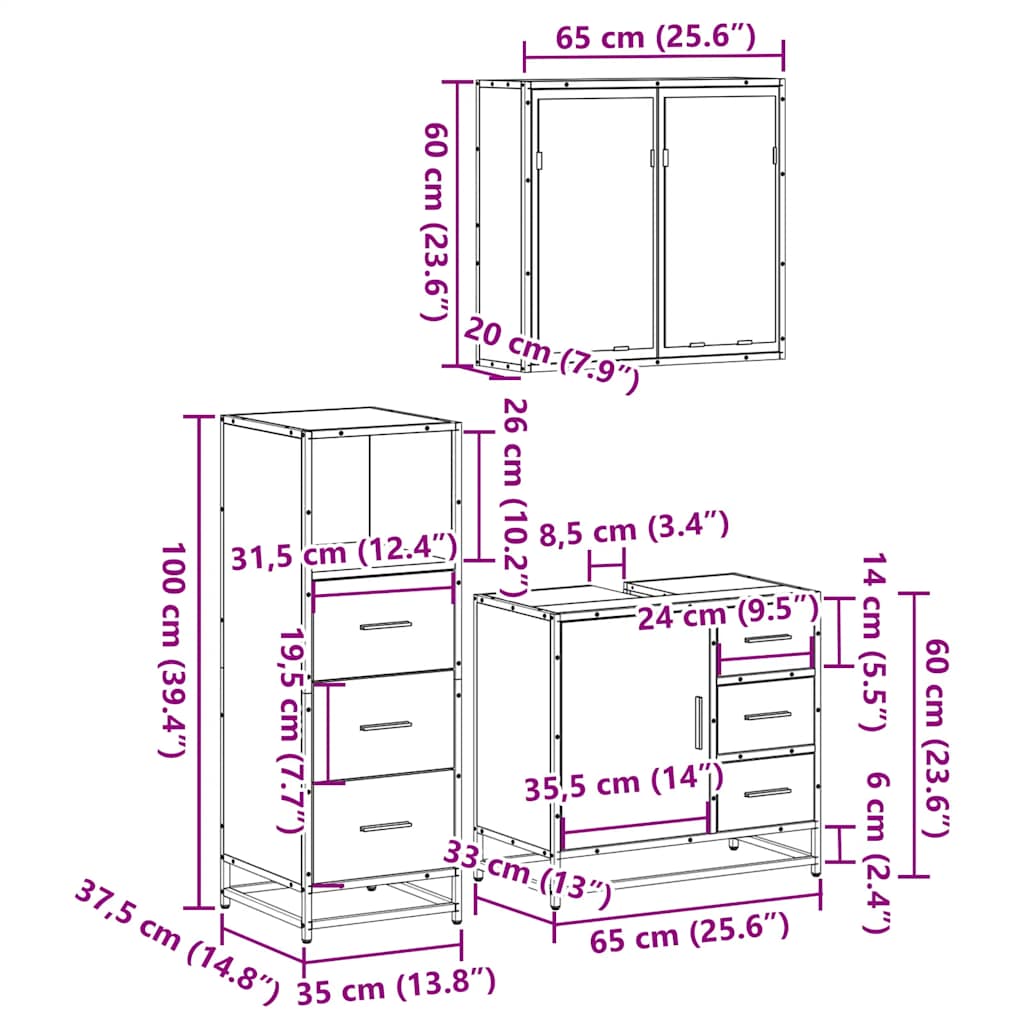 3 pcs Conjunto móveis casa de banho madeira proc. cinza sonoma