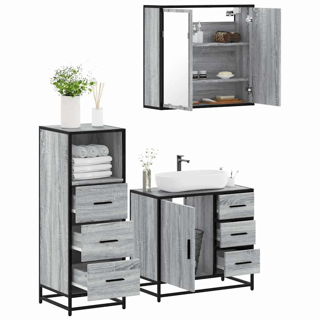 3 pcs Conjunto móveis casa de banho madeira proc. cinza sonoma