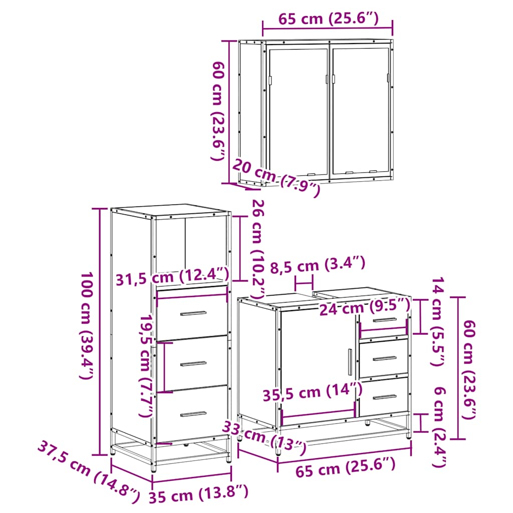 3 pcs conj. móveis WC derivados madeira cor carvalho castanho