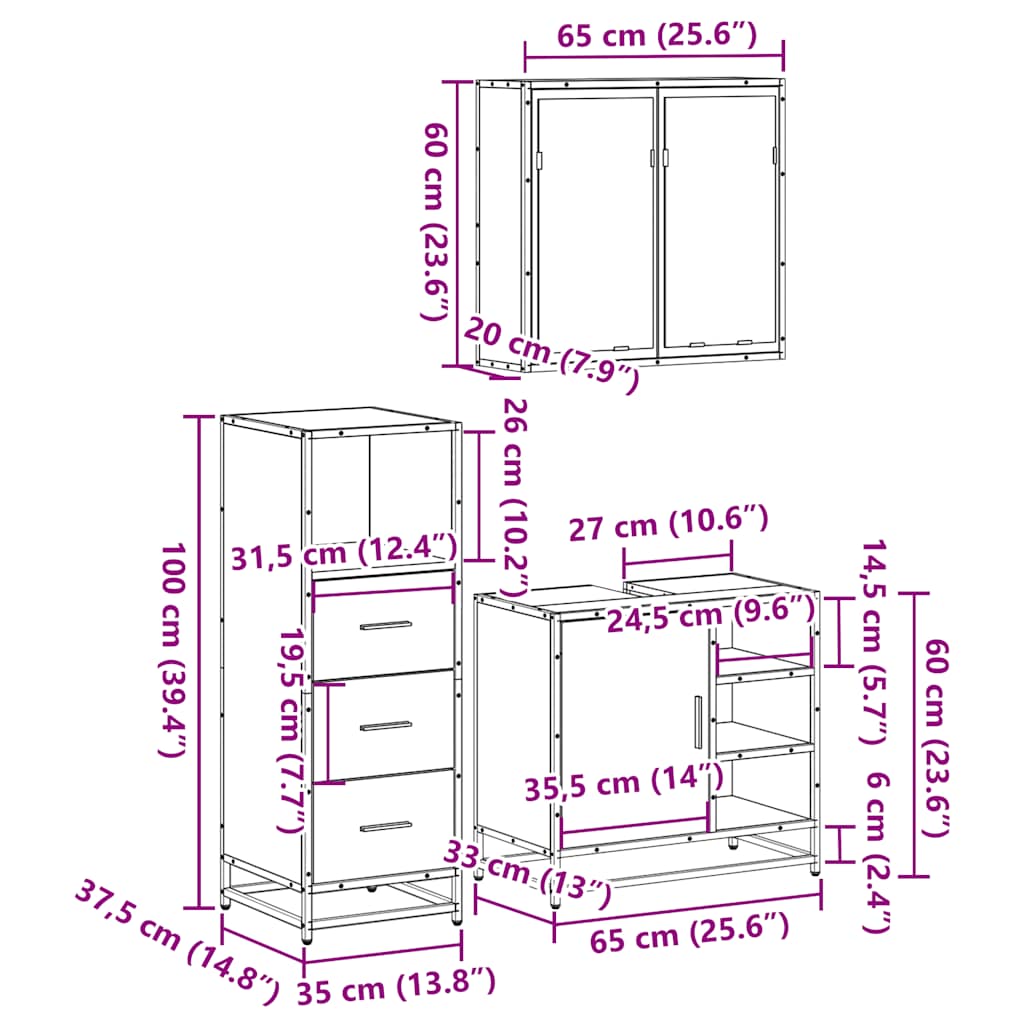 3 pcs Conjunto móveis casa de banho madeira proc. cinza sonoma