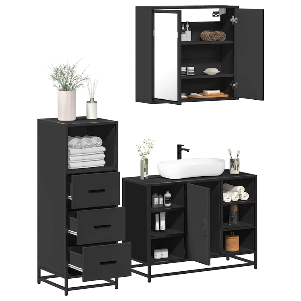3 pcs conjunto móveis casa de banho derivados de madeira preto