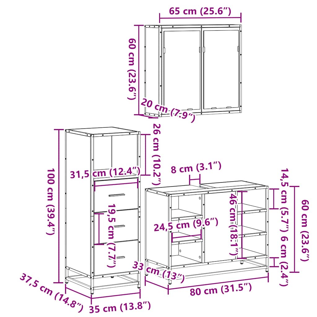 3 pcs conj. móveis casa banho derivados madeira carvalho sonoma