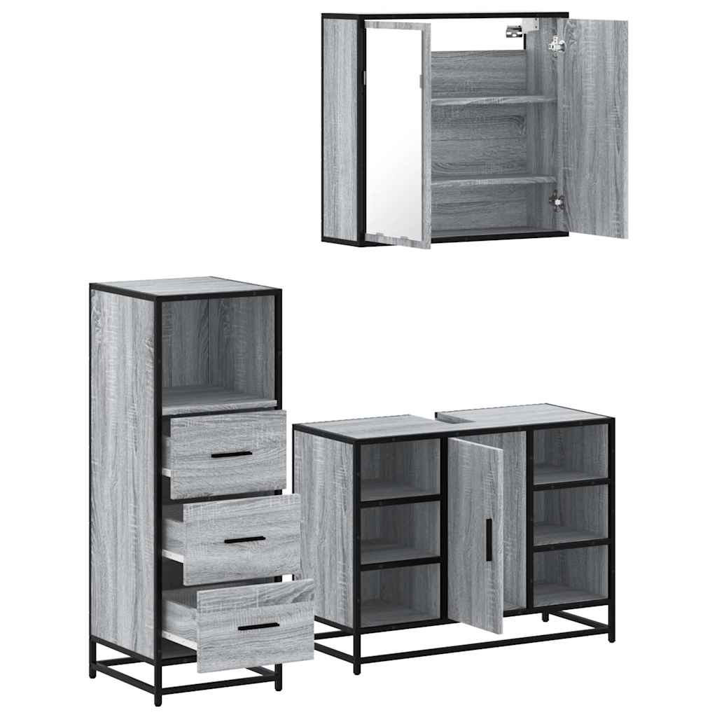 3 pcs Conjunto móveis casa de banho madeira proc. cinza sonoma