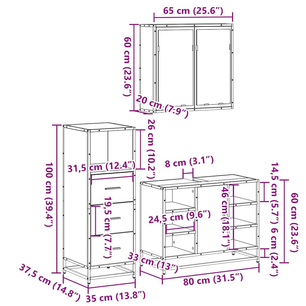 3 pcs Conjunto móveis casa de banho madeira proc. cinza sonoma