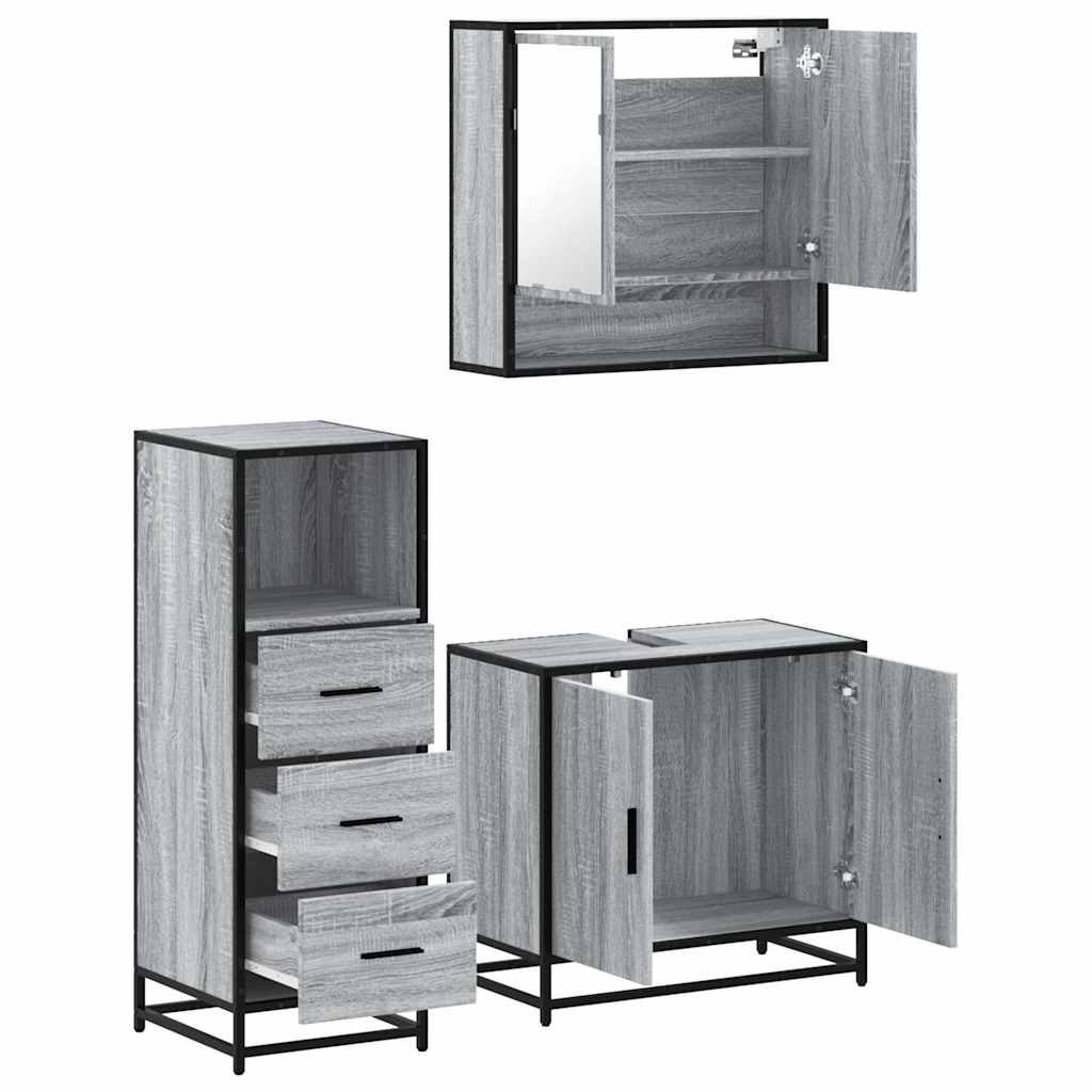 3 pcs Conjunto móveis casa de banho madeira proc. cinza sonoma