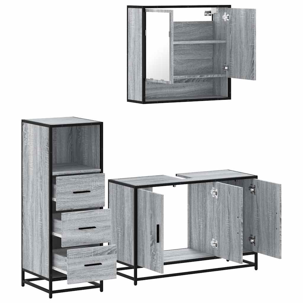3 pcs Conjunto móveis casa de banho madeira proc. cinza sonoma