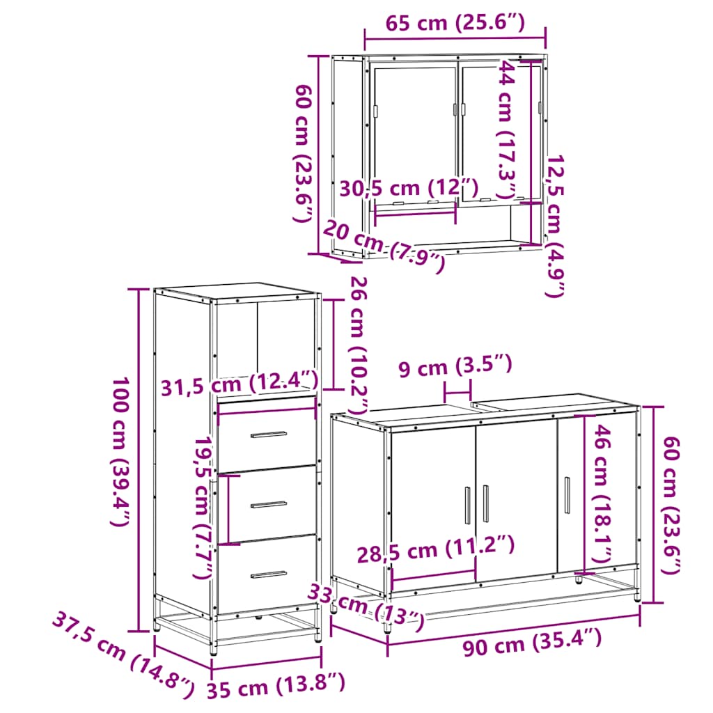 3 pcs Conjunto móveis casa de banho madeira proc. cinza sonoma