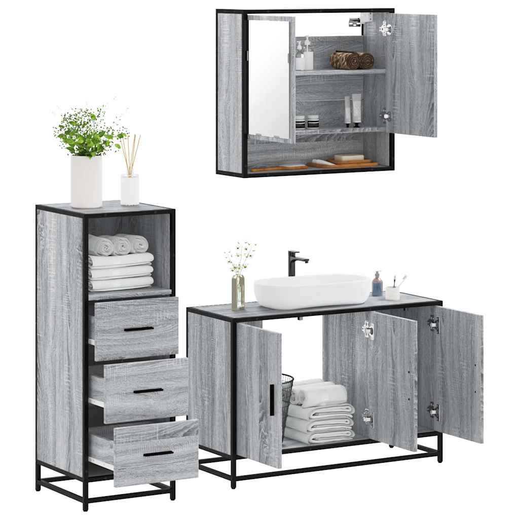 3 pcs Conjunto móveis casa de banho madeira proc. cinza sonoma