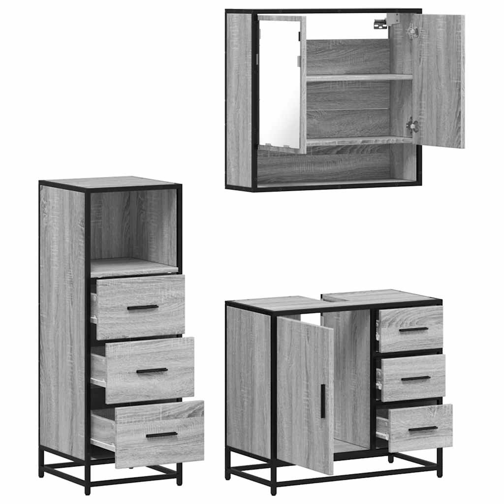 3 pcs Conjunto móveis casa de banho madeira proc. cinza sonoma