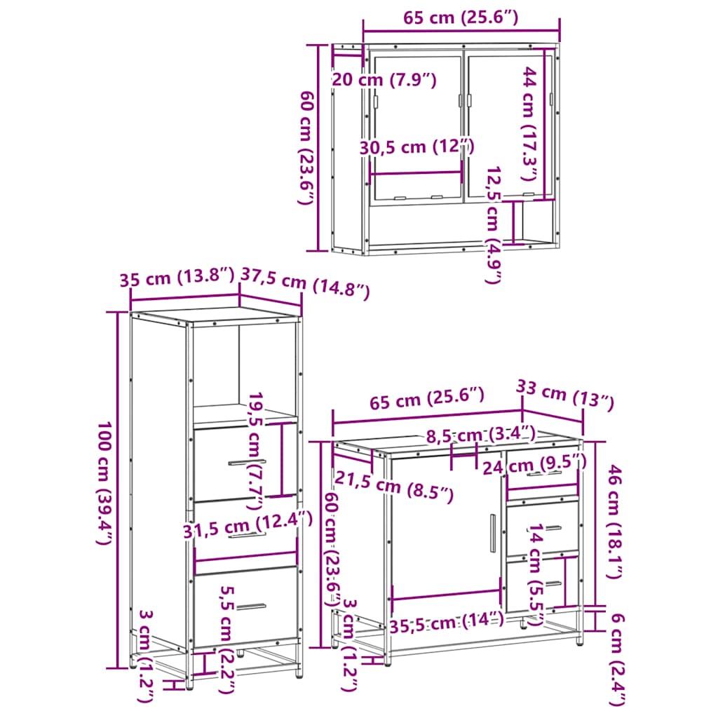3 pcs Conjunto móveis casa de banho madeira proc. cinza sonoma