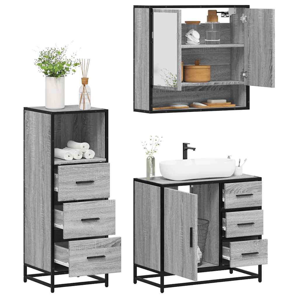 3 pcs Conjunto móveis casa de banho madeira proc. cinza sonoma