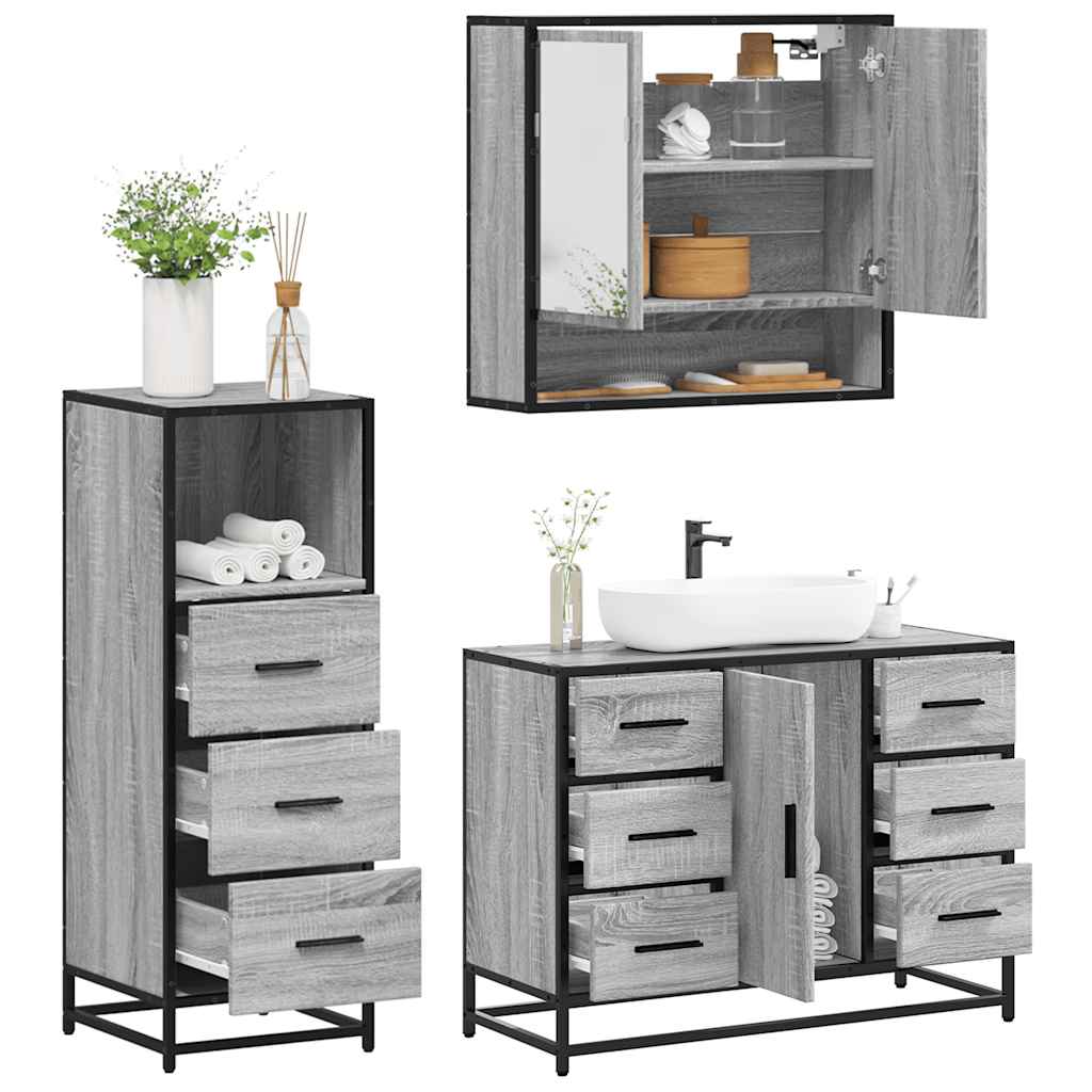 3 pcs Conjunto móveis casa de banho madeira proc. cinza sonoma