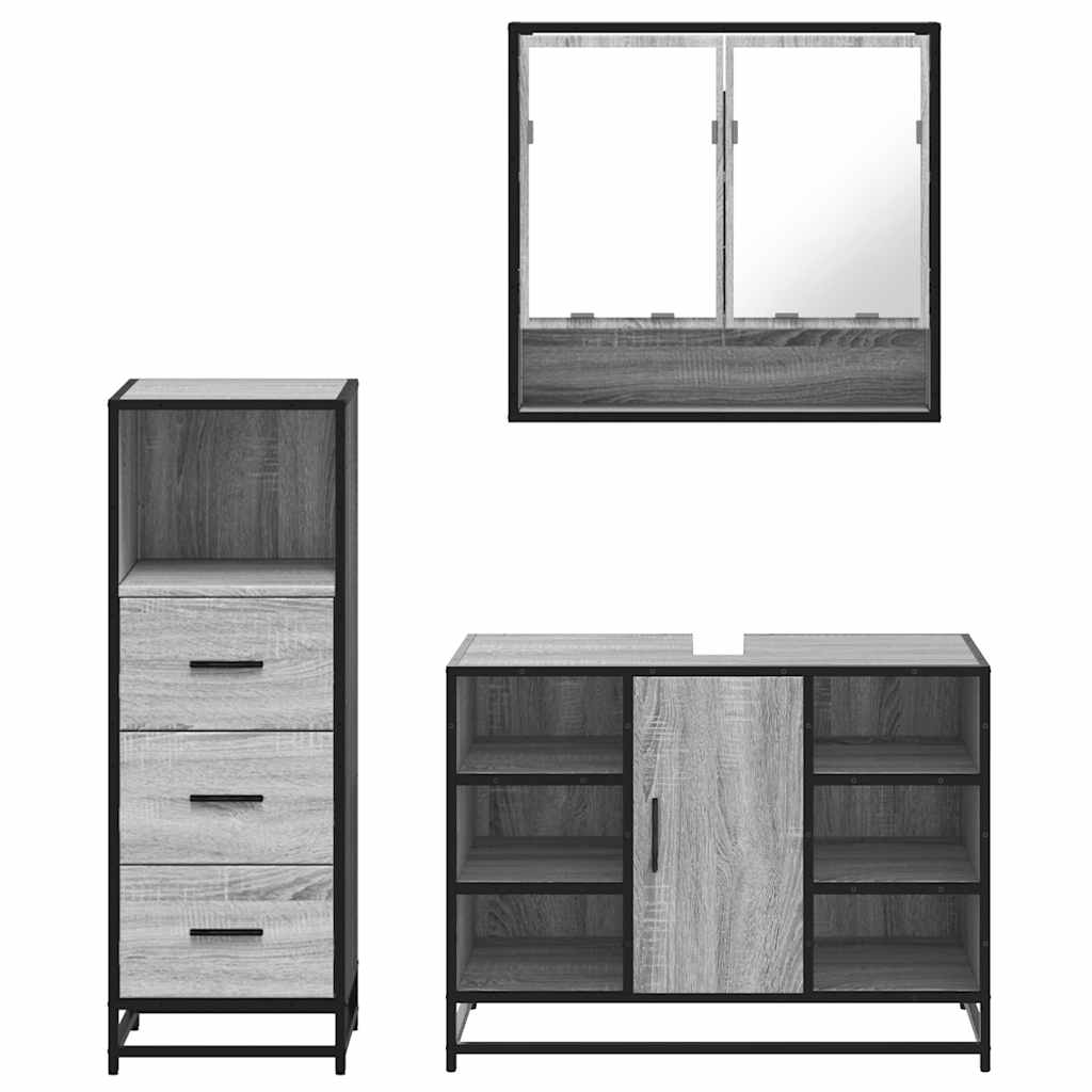 3 pcs Conjunto móveis casa de banho madeira proc. cinza sonoma