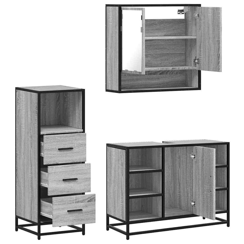 3 pcs Conjunto móveis casa de banho madeira proc. cinza sonoma