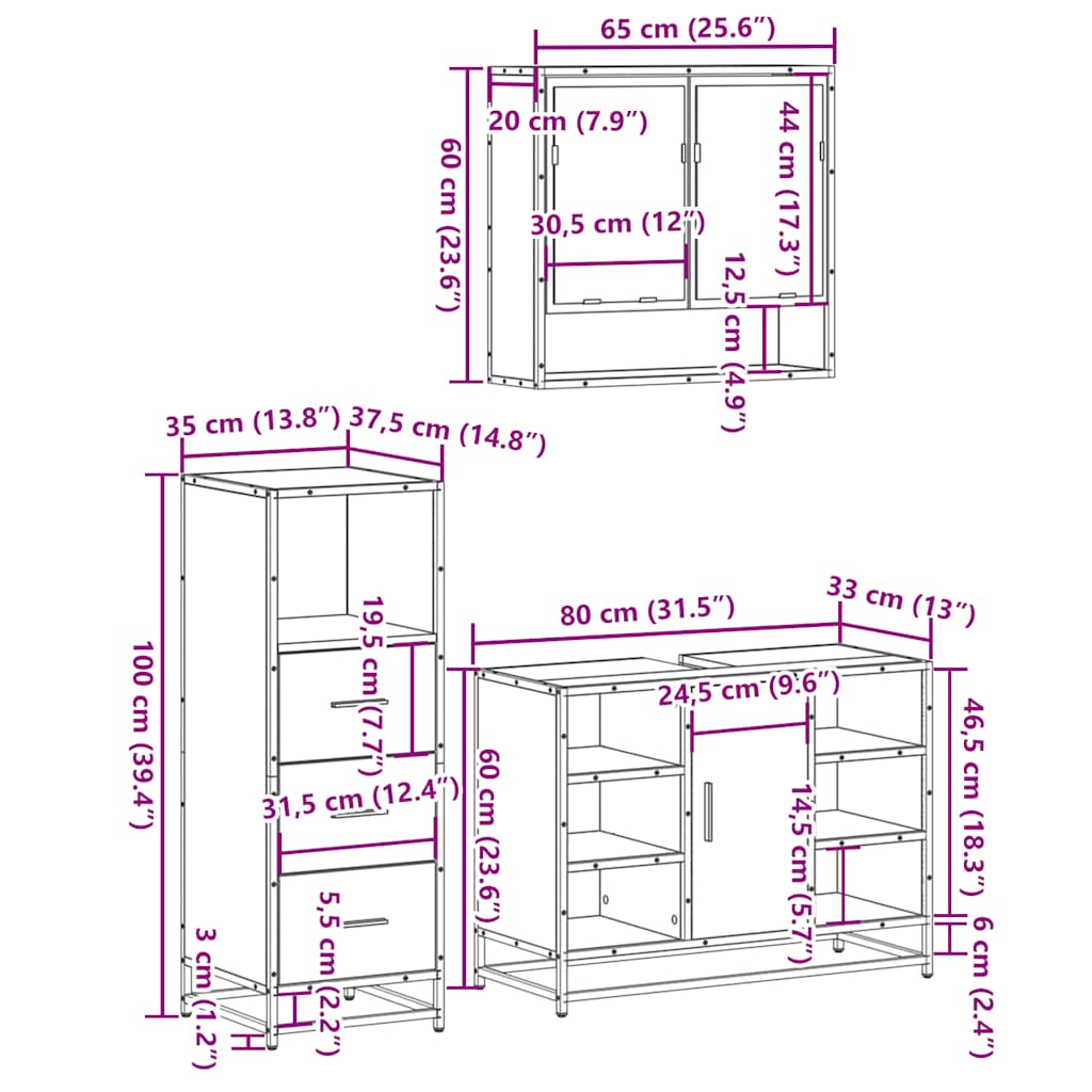 3 pcs Conjunto móveis casa de banho madeira proc. cinza sonoma