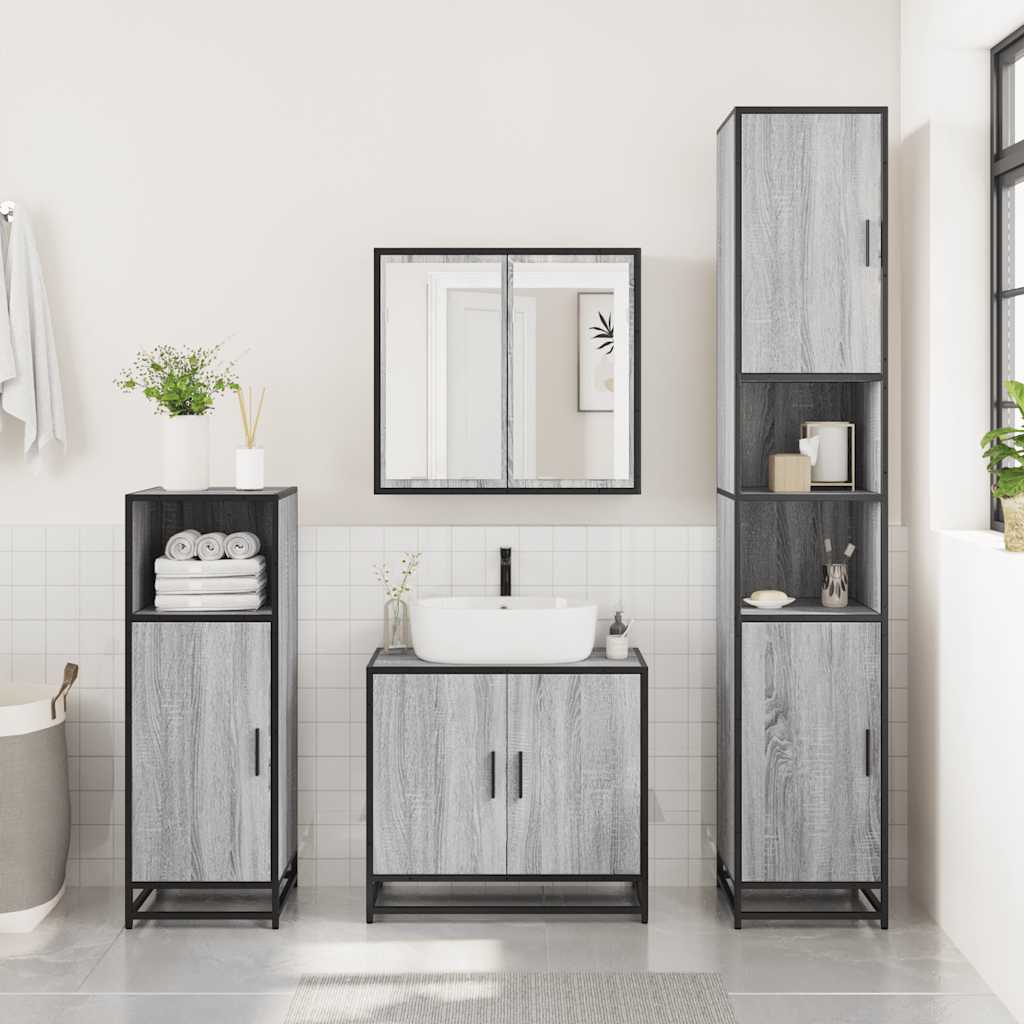 3 pcs Conjunto móveis casa de banho madeira proc. cinza sonoma