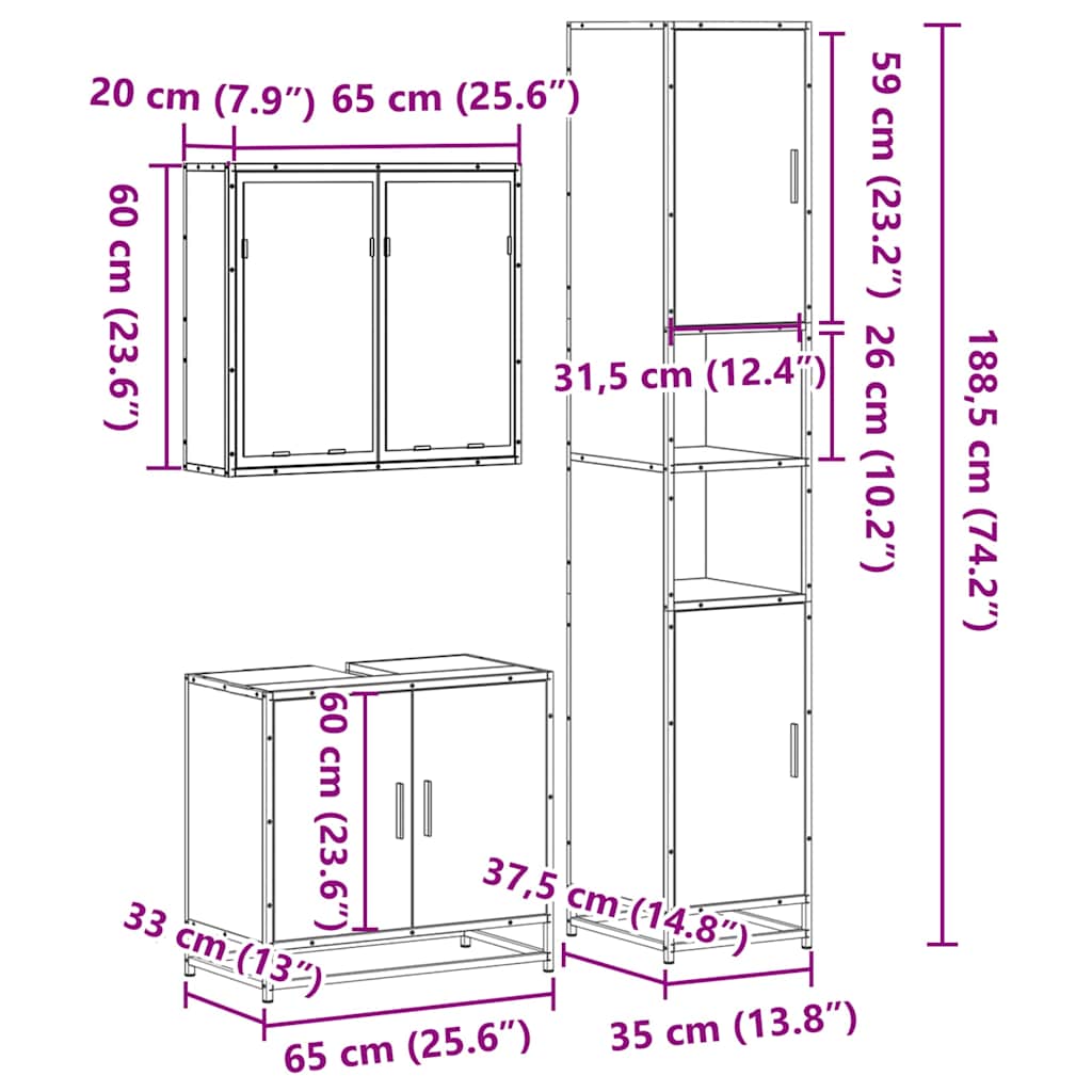 3 pcs Conjunto móveis casa de banho madeira proc. cinza sonoma