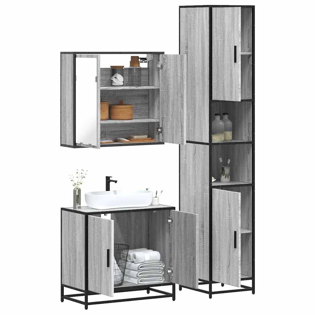 3 pcs Conjunto móveis casa de banho madeira proc. cinza sonoma