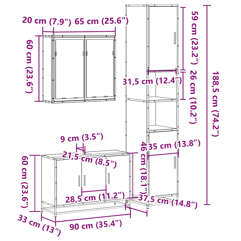 3 pcs Conjunto móveis casa de banho madeira proc. cinza sonoma