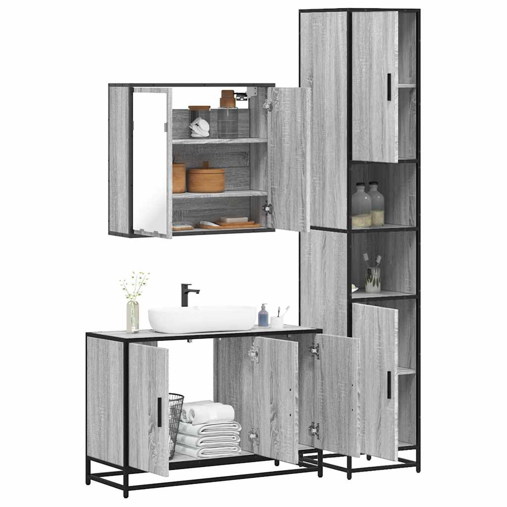 3 pcs Conjunto móveis casa de banho madeira proc. cinza sonoma