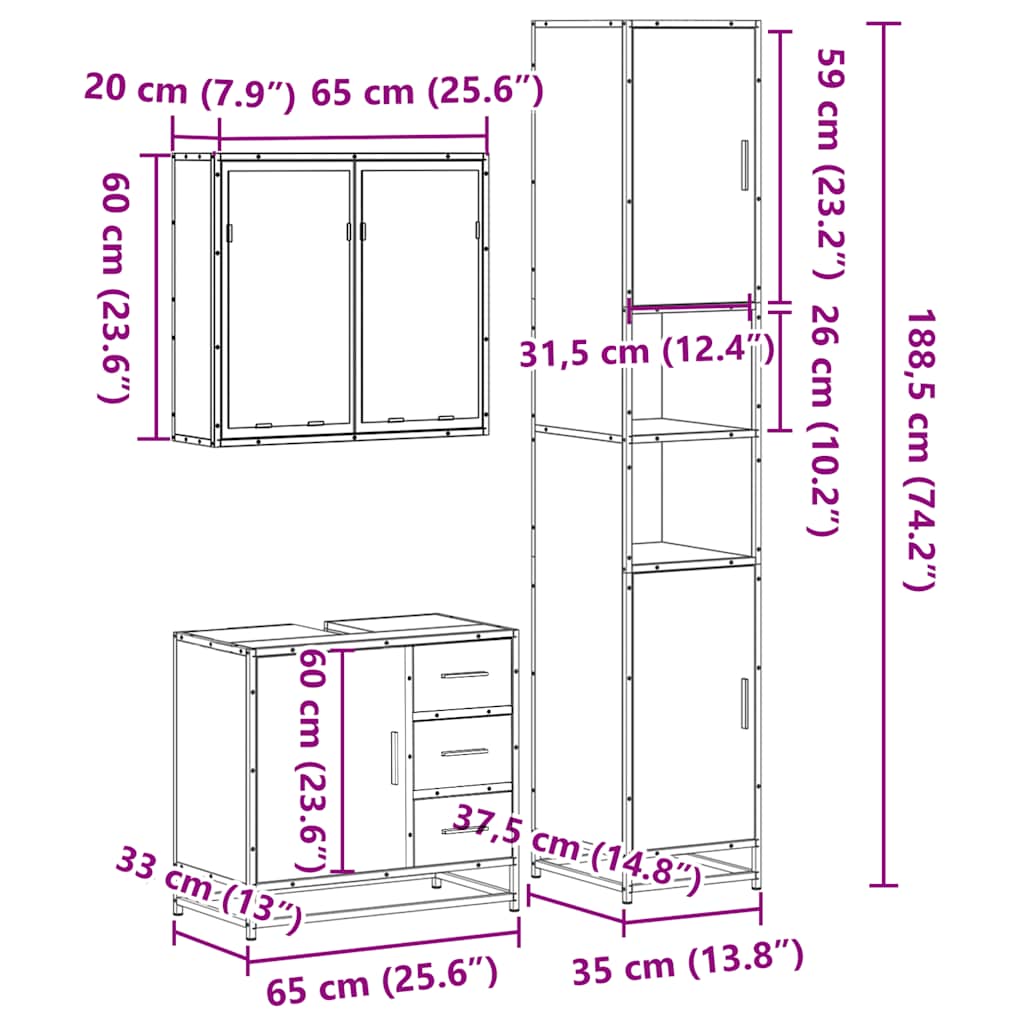 3 pcs Conjunto móveis casa de banho madeira proc. cinza sonoma