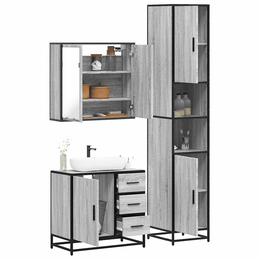 3 pcs Conjunto móveis casa de banho madeira proc. cinza sonoma