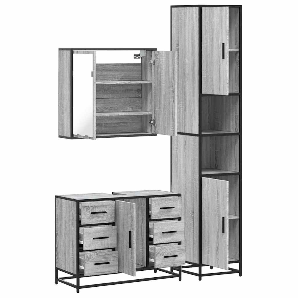 3 pcs Conjunto móveis casa de banho madeira proc. cinza sonoma