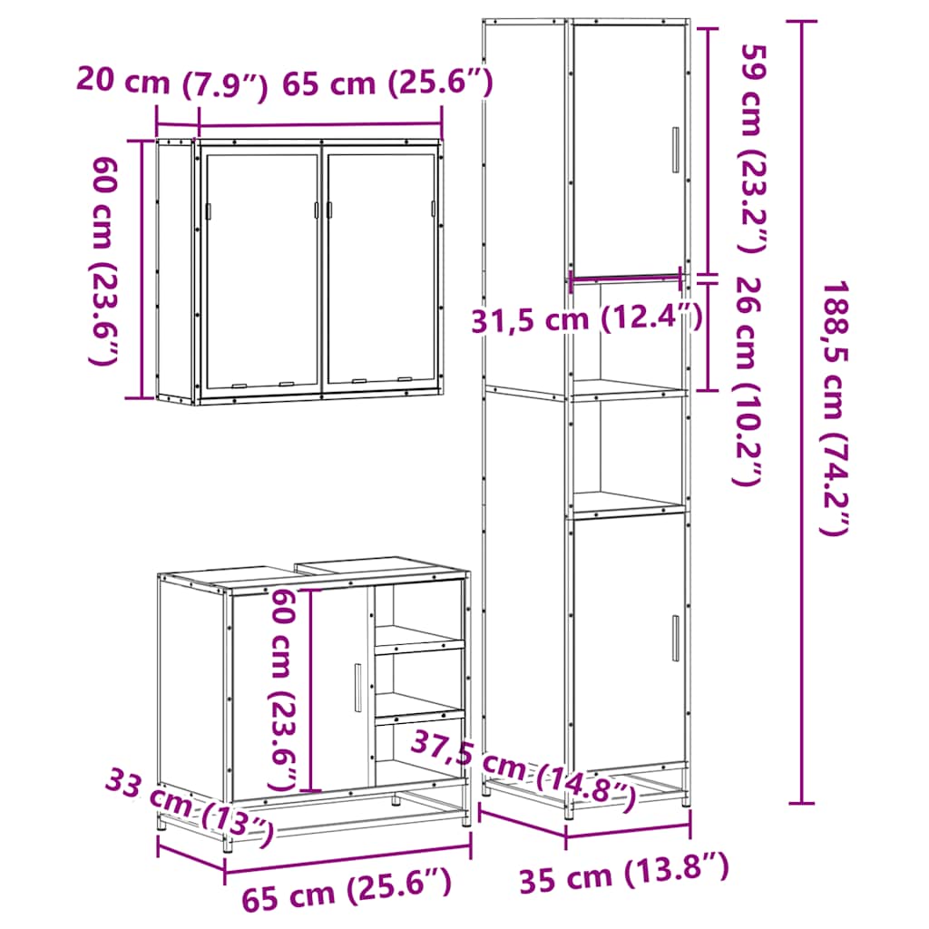 3 pcs Conjunto móveis casa de banho madeira proc. cinza sonoma