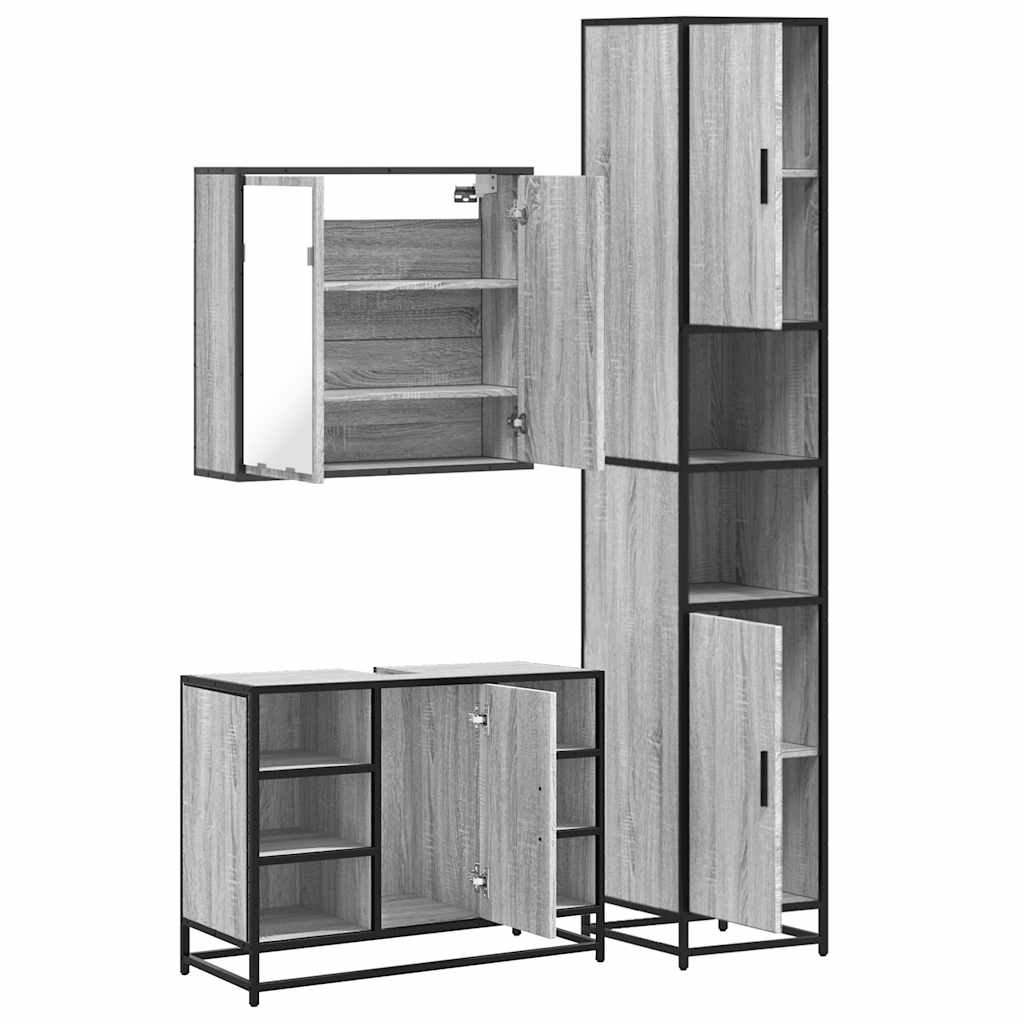 3 pcs Conjunto móveis casa de banho madeira proc. cinza sonoma