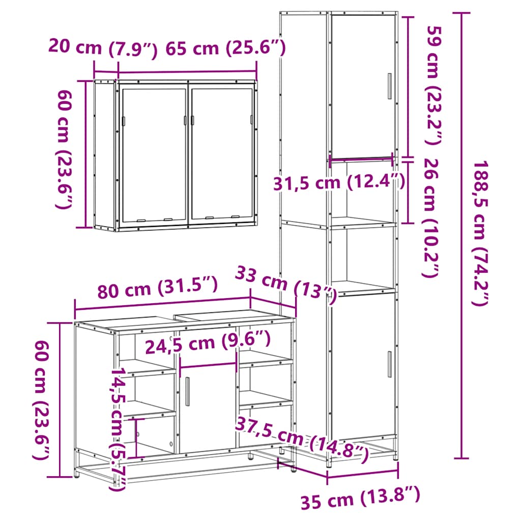 3 pcs Conjunto móveis casa de banho madeira proc. cinza sonoma