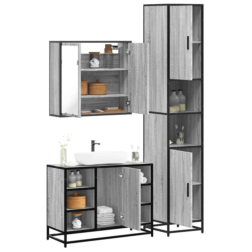 3 pcs Conjunto móveis casa de banho madeira proc. cinza sonoma
