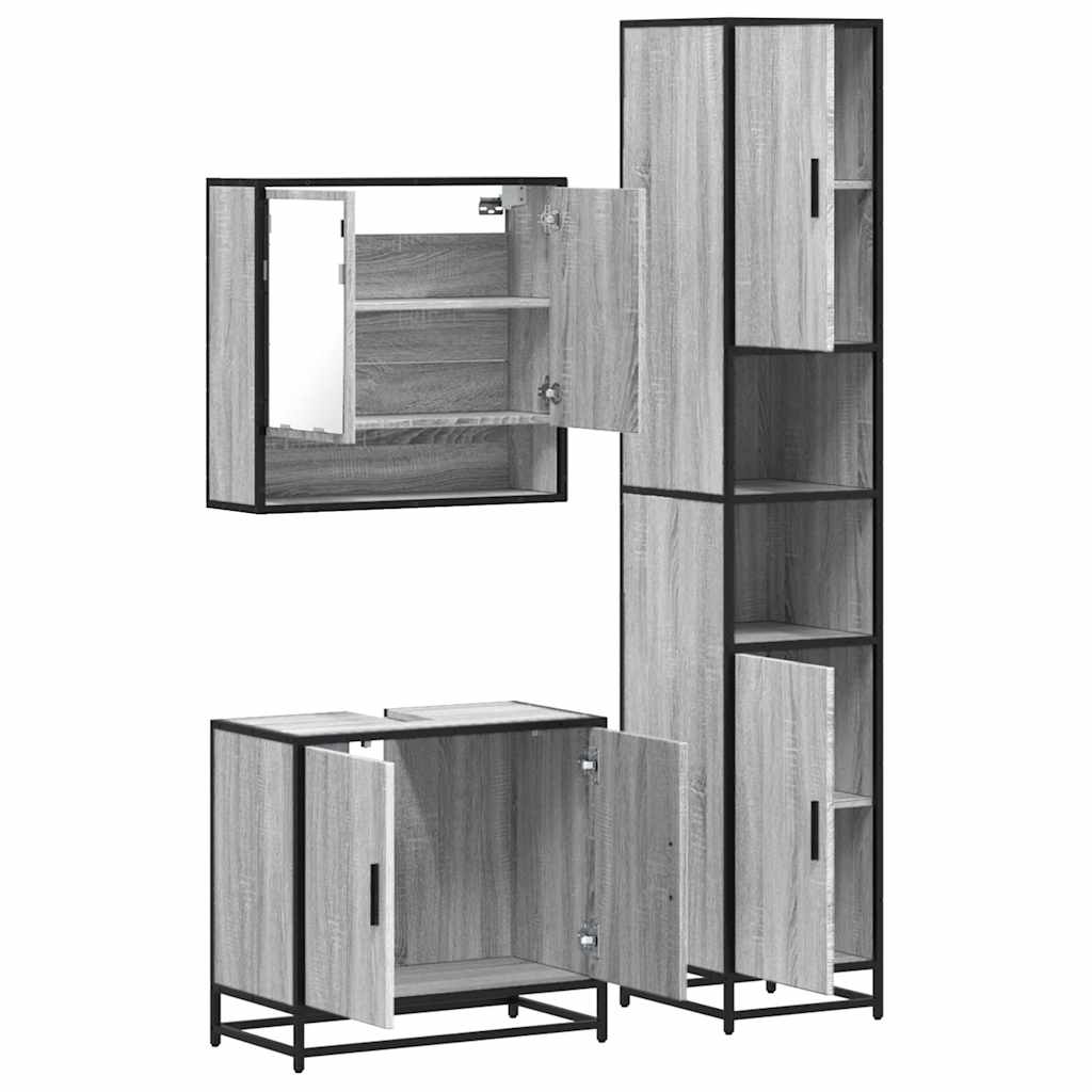 3 pcs Conjunto móveis casa de banho madeira proc. cinza sonoma
