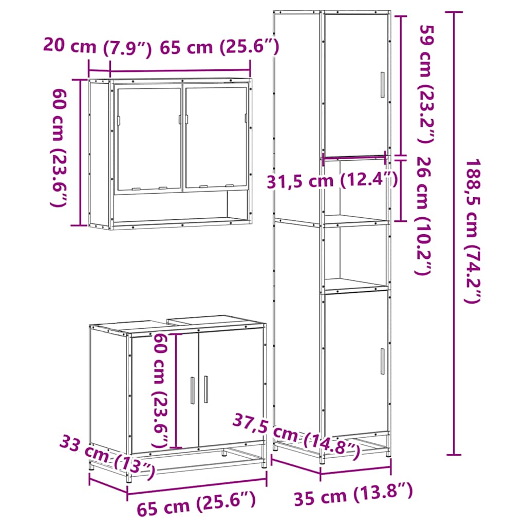 3 pcs Conjunto móveis casa de banho madeira proc. cinza sonoma