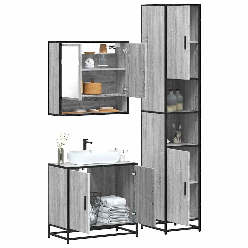 3 pcs Conjunto móveis casa de banho madeira proc. cinza sonoma