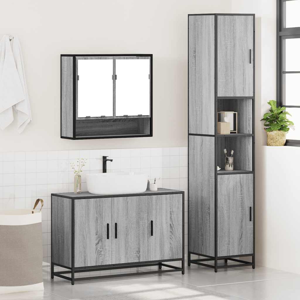 3 pcs Conjunto móveis casa de banho madeira proc. cinza sonoma