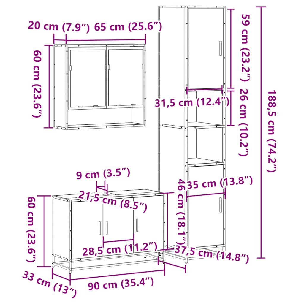 3 pcs Conjunto móveis casa de banho madeira proc. cinza sonoma