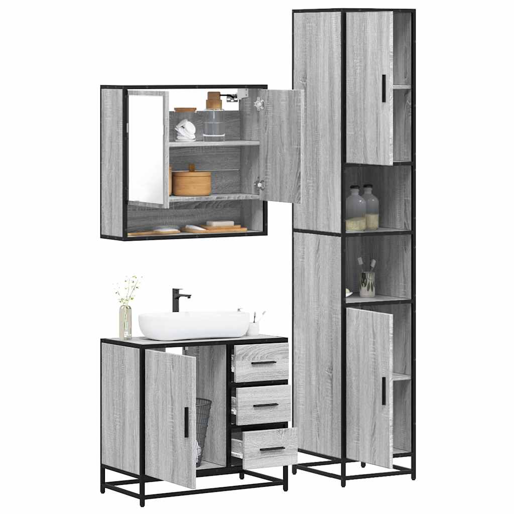 3 pcs Conjunto móveis casa de banho madeira proc. cinza sonoma