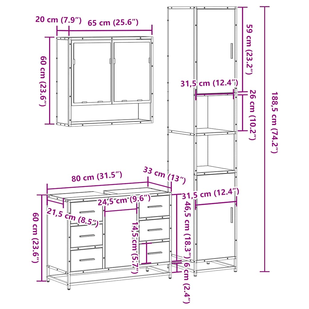 3 pcs Conjunto móveis casa de banho madeira proc. cinza sonoma