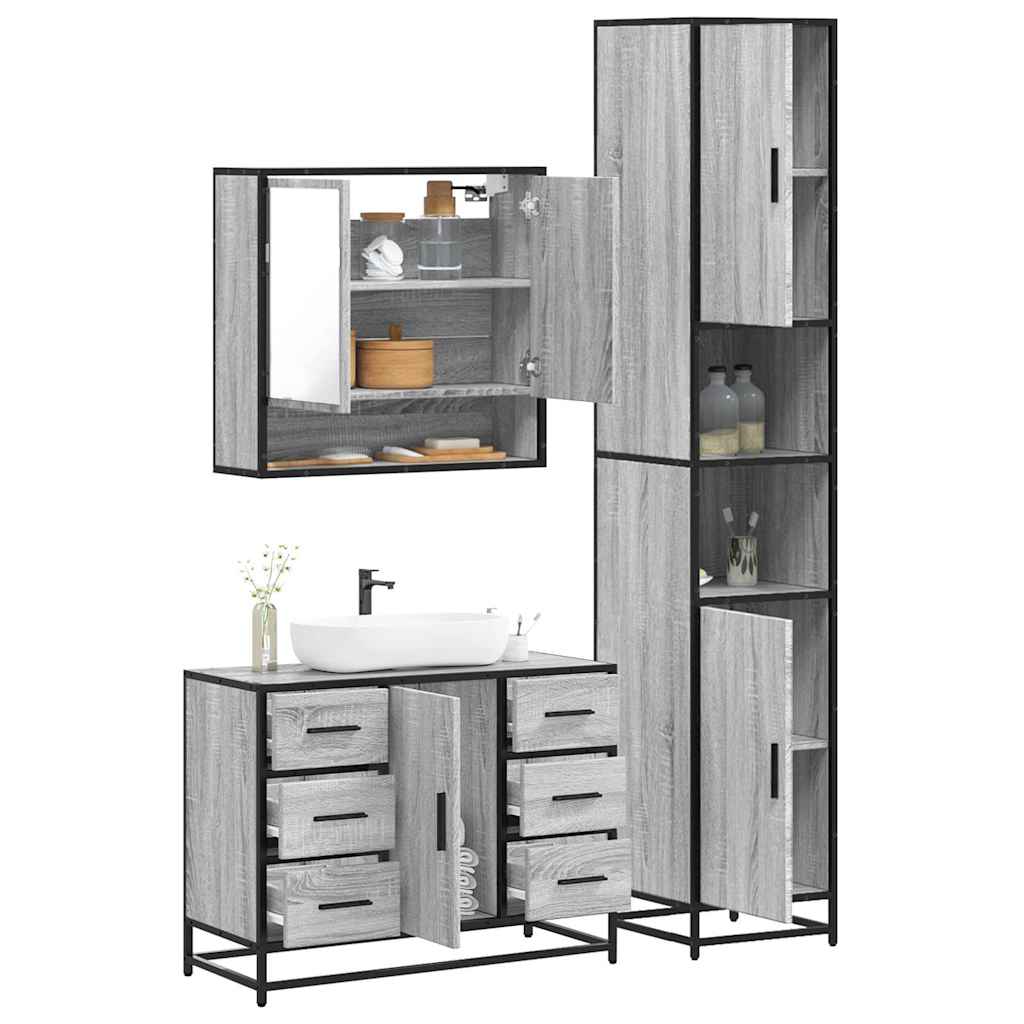 3 pcs Conjunto móveis casa de banho madeira proc. cinza sonoma