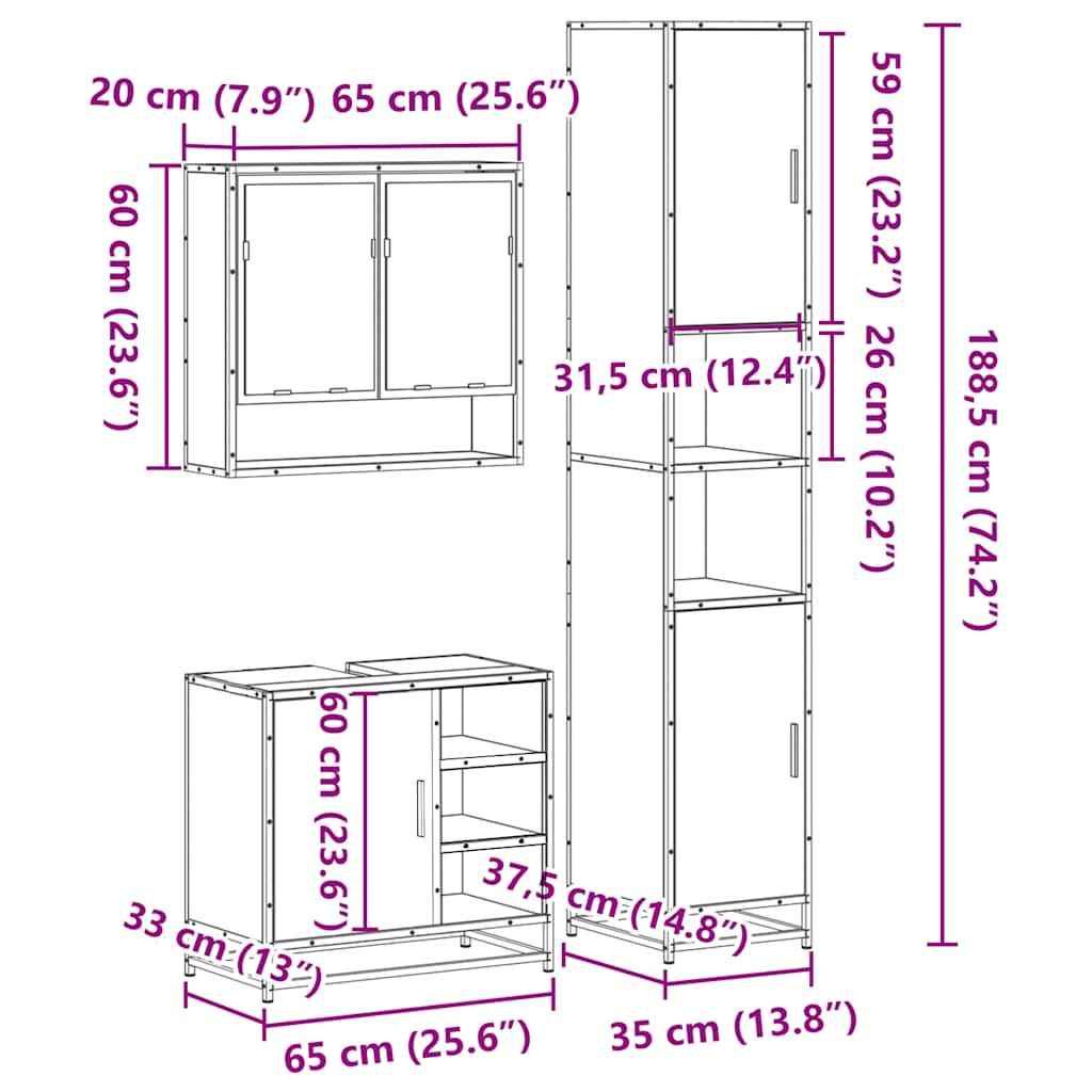 3 pcs Conjunto móveis casa de banho madeira proc. cinza sonoma