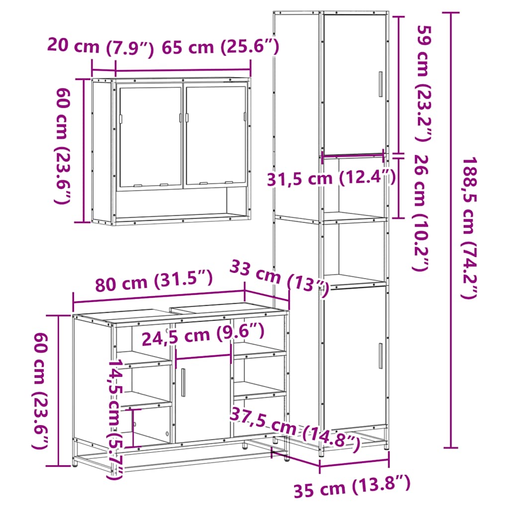 3 pcs Conjunto móveis casa de banho madeira proc. cinza sonoma