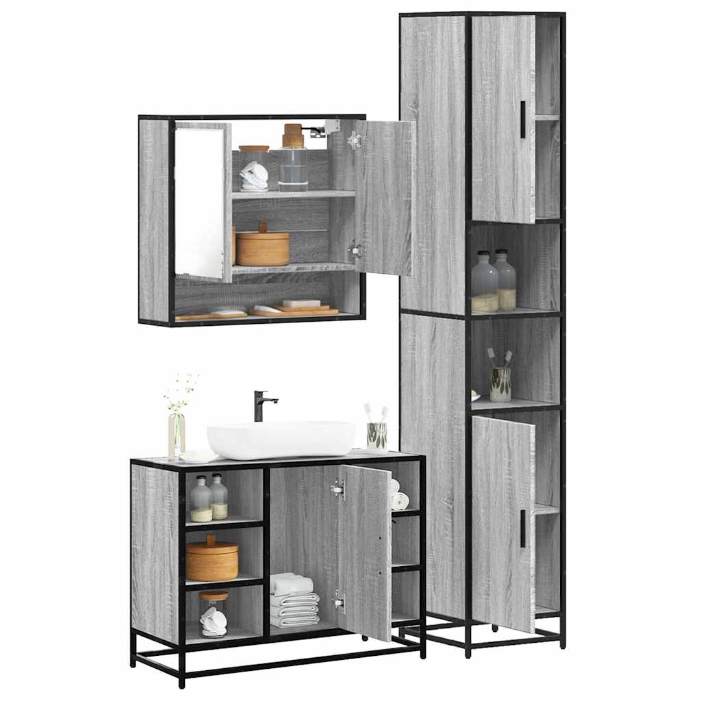 3 pcs Conjunto móveis casa de banho madeira proc. cinza sonoma