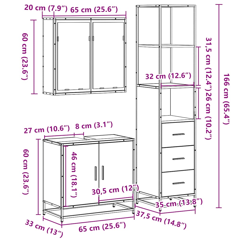 3 pcs Conjunto móveis casa de banho madeira proc. cinza sonoma